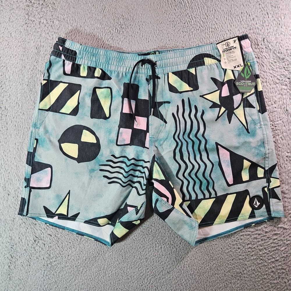 NWT Volcom Stoneys Board Shorts Swim Trunks Men XXL Geometric‎ Green Black